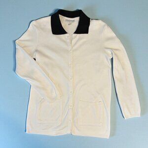 Charles Keath vintage white cotton cardigan w/ black collar